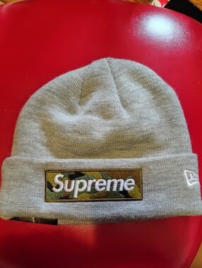 Supreme Grey Beanie with Camo Logo Patch